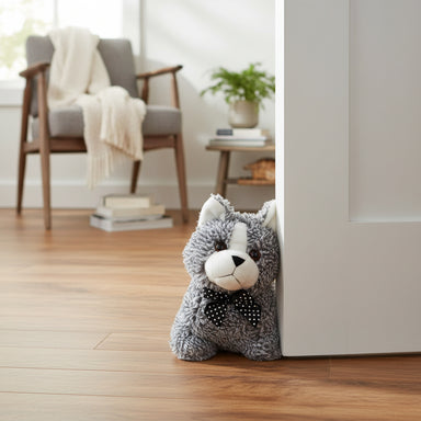 Plush door stopper shaped like a cat in a home setting with a chair and plant in the background.