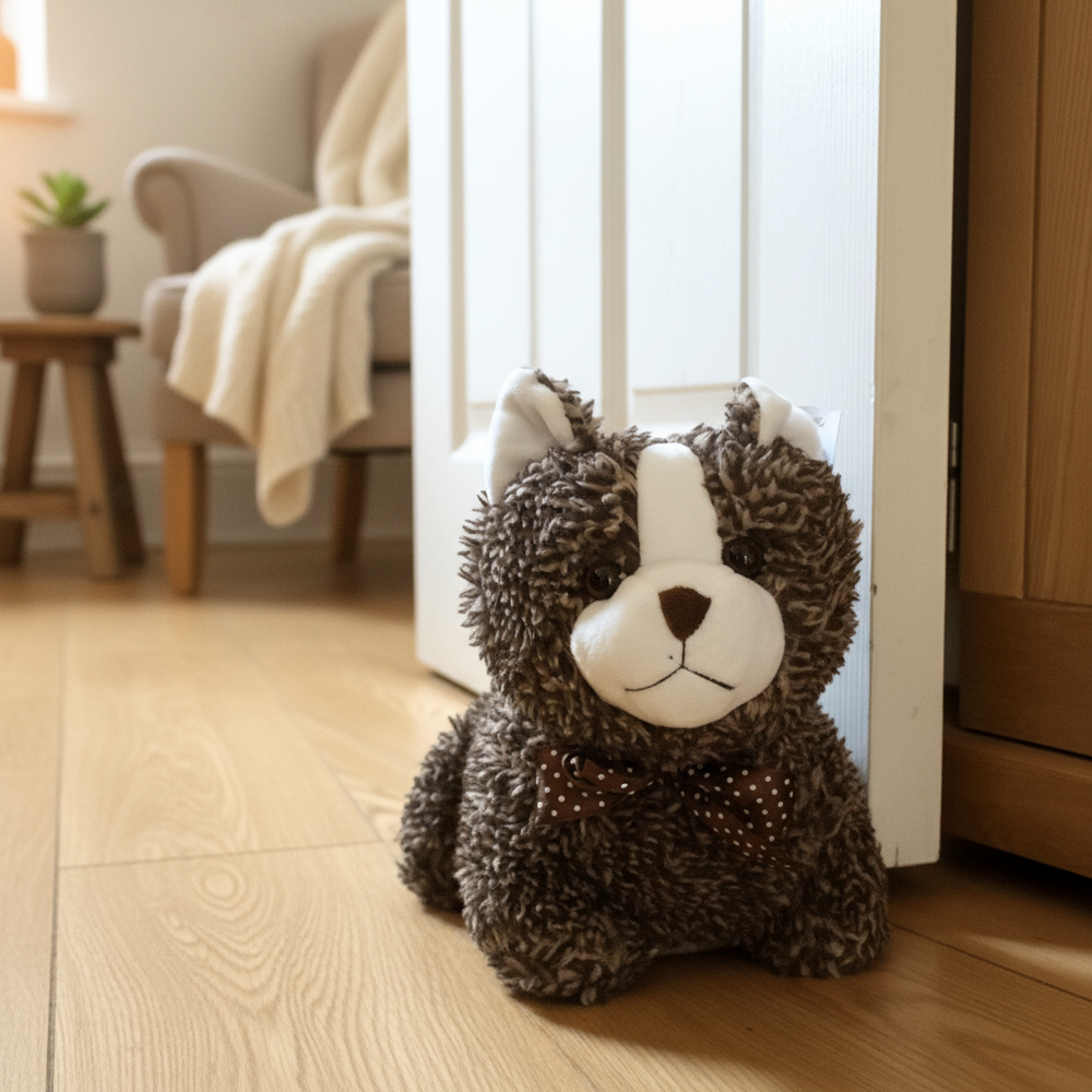 Plush cat toy on a wooden floor in a home setting