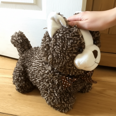 Plush toy resembling a cat with a bow tie on a wooden floor.