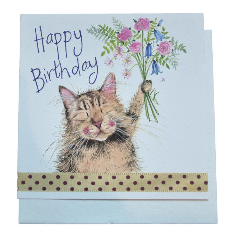 Cat & Bouquet Birthday Card