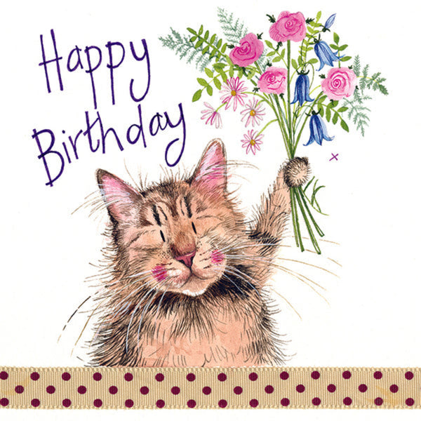 Cat & Bouquet Birthday Card