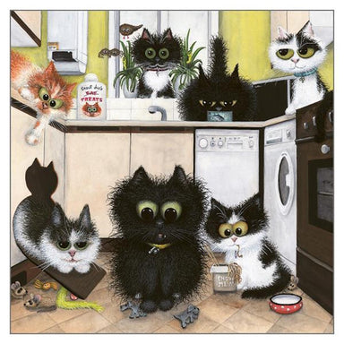 Tamsin Lord Cat Themed Greeting Card 'Kitty Kitchen Chaos' Funny Cat Greeting Card