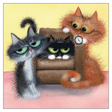 Tamsin Lord Cat Themed Greeting Card 'The Butterley Brood’s Battle for Laptime Equality' Funny Cat Greeting Card