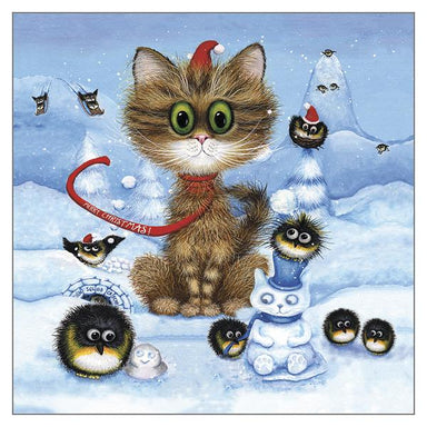 Tamsin Lord Cat Themed Greeting Card 'Pebbles and the Penguin Posse' Funny Cat Greeting Card