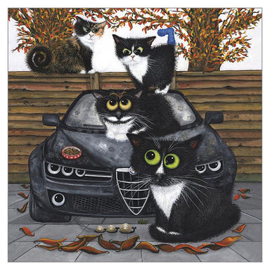 'The Fiendish Feline Autumnal Standoff' Cat Greeting Card by Tamsin Lord