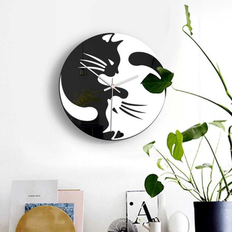 Yin-Yang Black and White Cat Clock