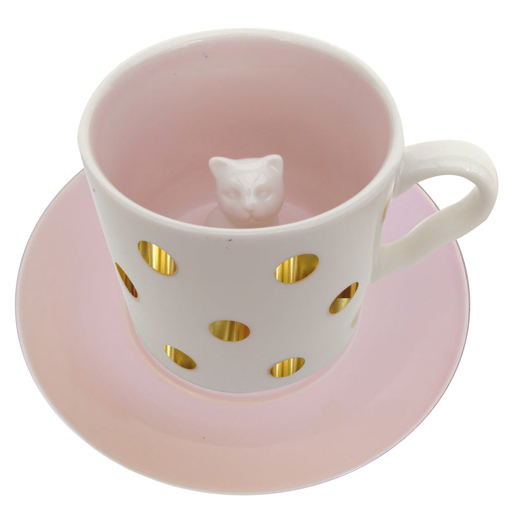 Spotty Cat Cup and Saucer In Gift Box